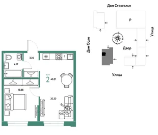 Планировка 2-комн. квартира, 40.51 м² ЖК «Европейский берег 2.0»