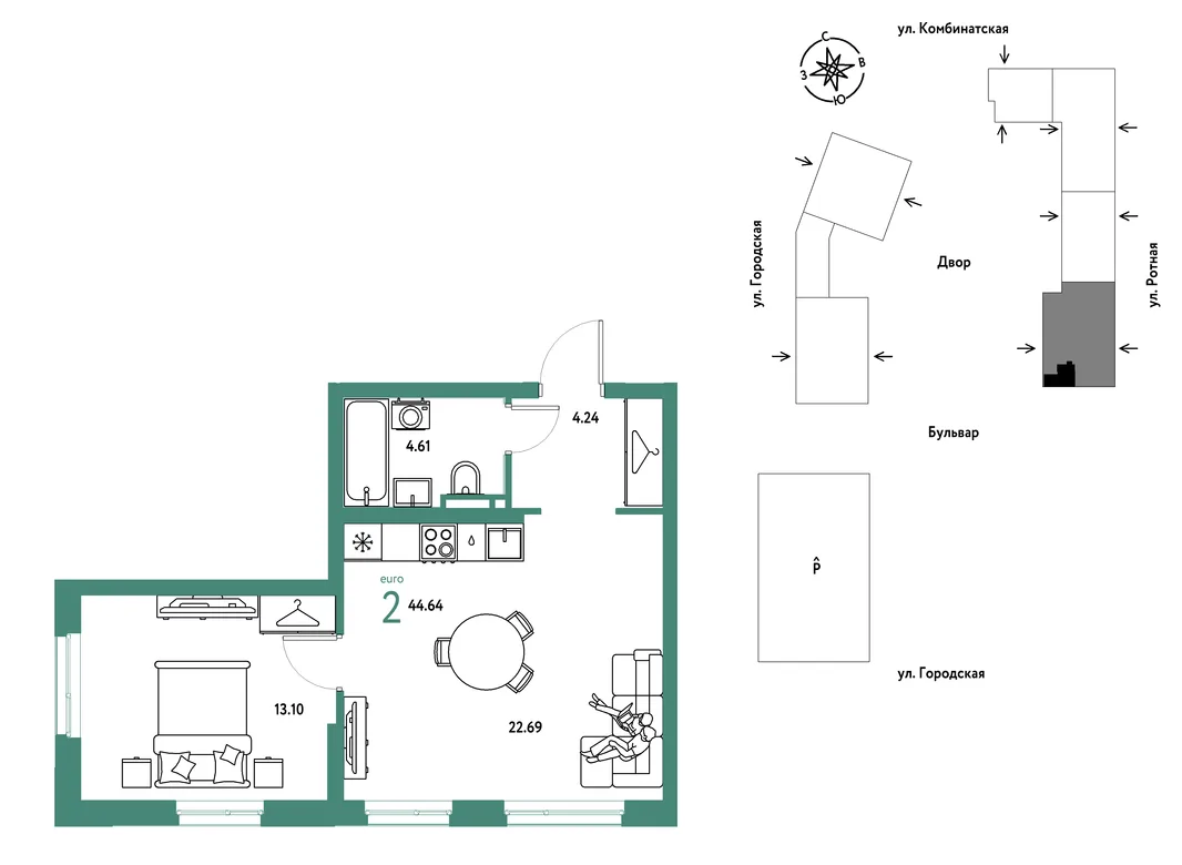 Планировка 2-комн. квартира, 44.64 м² ЖК «Уральский сад»