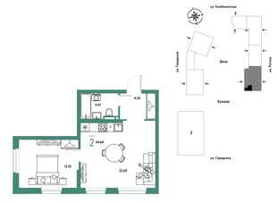 Планировка 2-комн. квартира, 44.64 м² ЖК «Уральский сад»