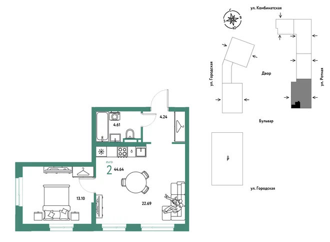 Планировка 2-комн. квартира, 44.64 м² ЖК «Уральский сад»