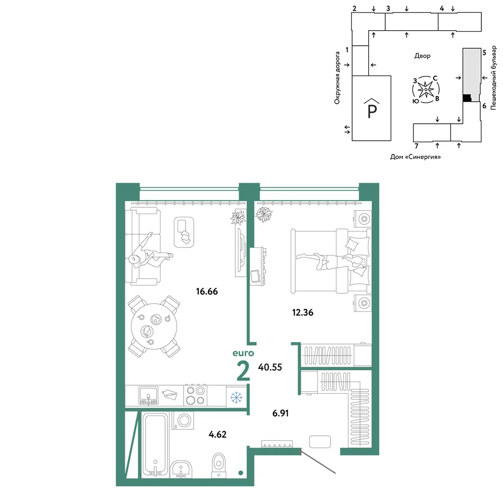 Планировка 2-комн. квартира, 40.55 м² ЖК «Юнион»