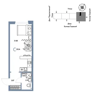 Планировка Студия, 29.54 м² ЖК «Микрорайон Домашний»