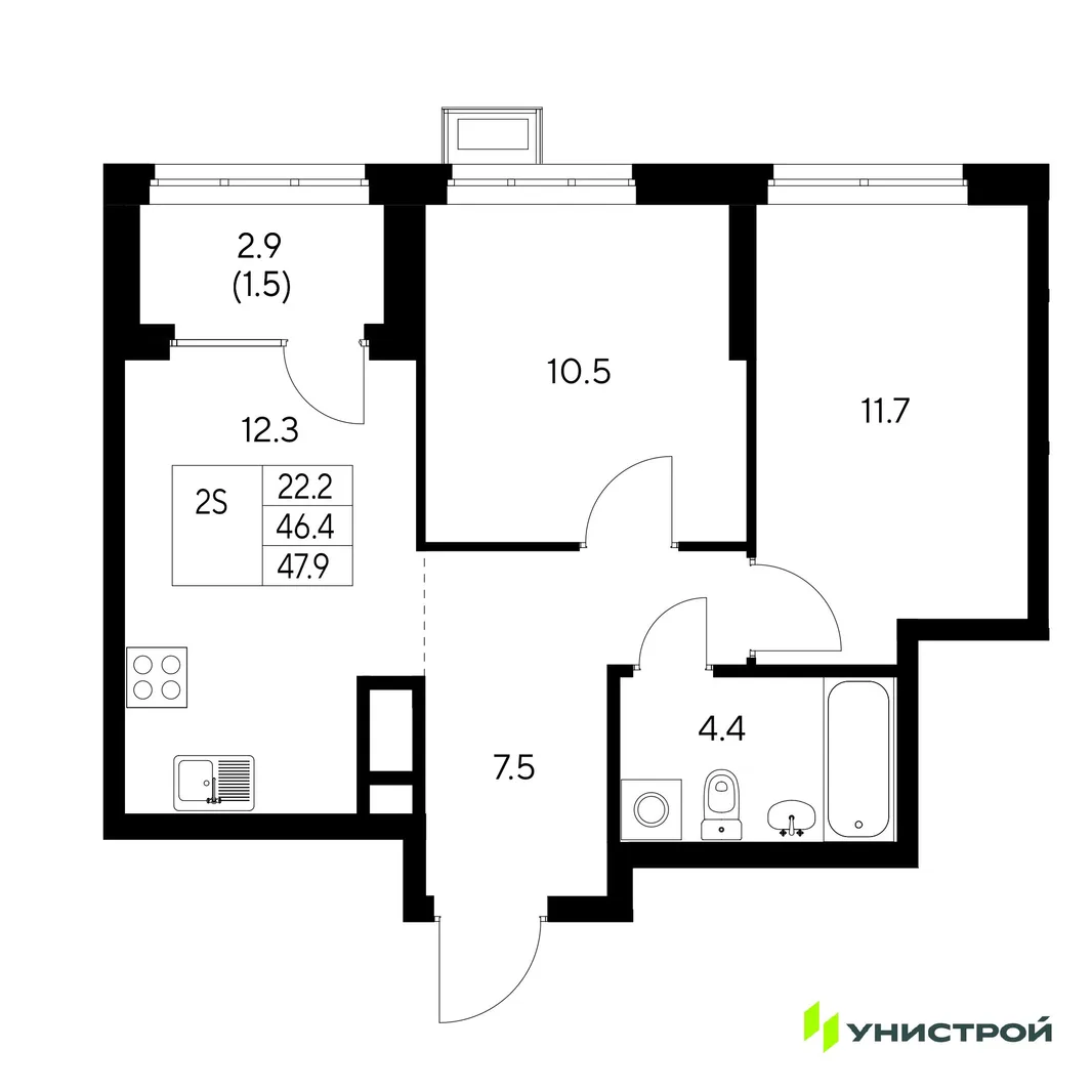 Планировка 2-комн. квартира, 47.9 м² ЖК «Стадиум»