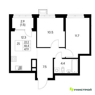 Планировка 2-комн. квартира, 47.9 м² ЖК «Стадиум»