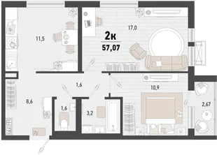 Планировка 2-комн. квартира, 57.07 м² ЖК «Барса»
