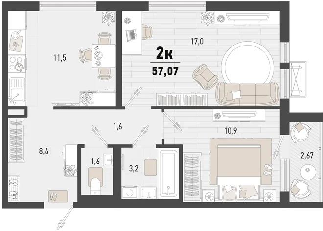 Планировка 2-комн. квартира, 57.07 м² ЖК «Барса» Планировка 2-комн. квартира, 57.07 м² ЖК «Барса»