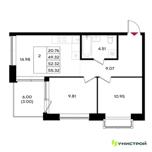 Планировка 2-комн. квартира, 52.32 м² ЖК «Уникум на Энгельса»