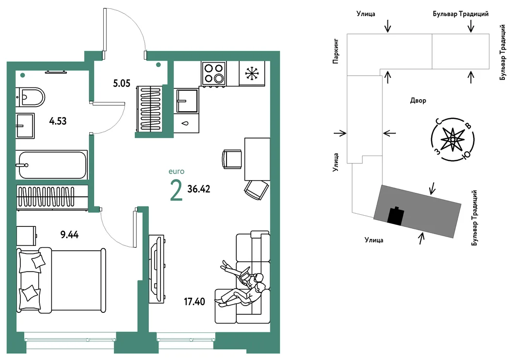 Планировка 2-комн. квартира, 36.42 м² ЖК «Микрорайон Домашний»
