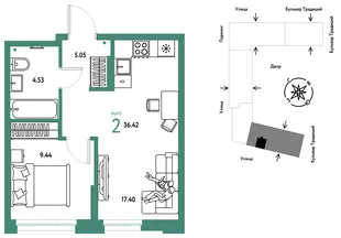 Планировка 2-комн. квартира, 36.42 м² ЖК «Микрорайон Домашний»