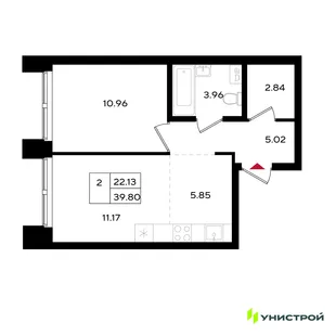 Планировка 2-комн. квартира, 39.75 м² ЖК «Уникум на Энгельса»