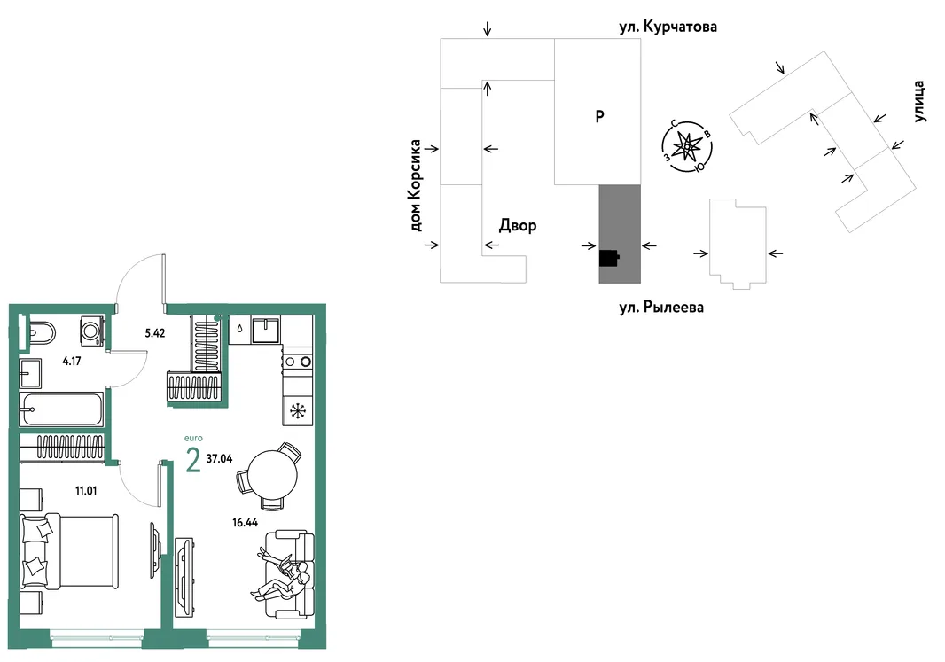 Планировка 2-комн. квартира, 37.01 м² ЖК «Остров-сад»