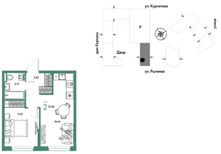 Планировка 2-комн. квартира, 37.01 м² ЖК «Остров-сад»