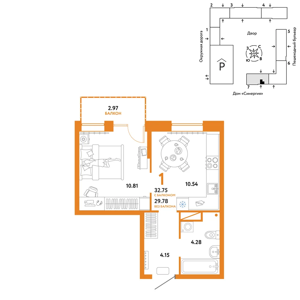 Планировка 1-комн. квартира, 32.75 м² ЖК «Юнион»