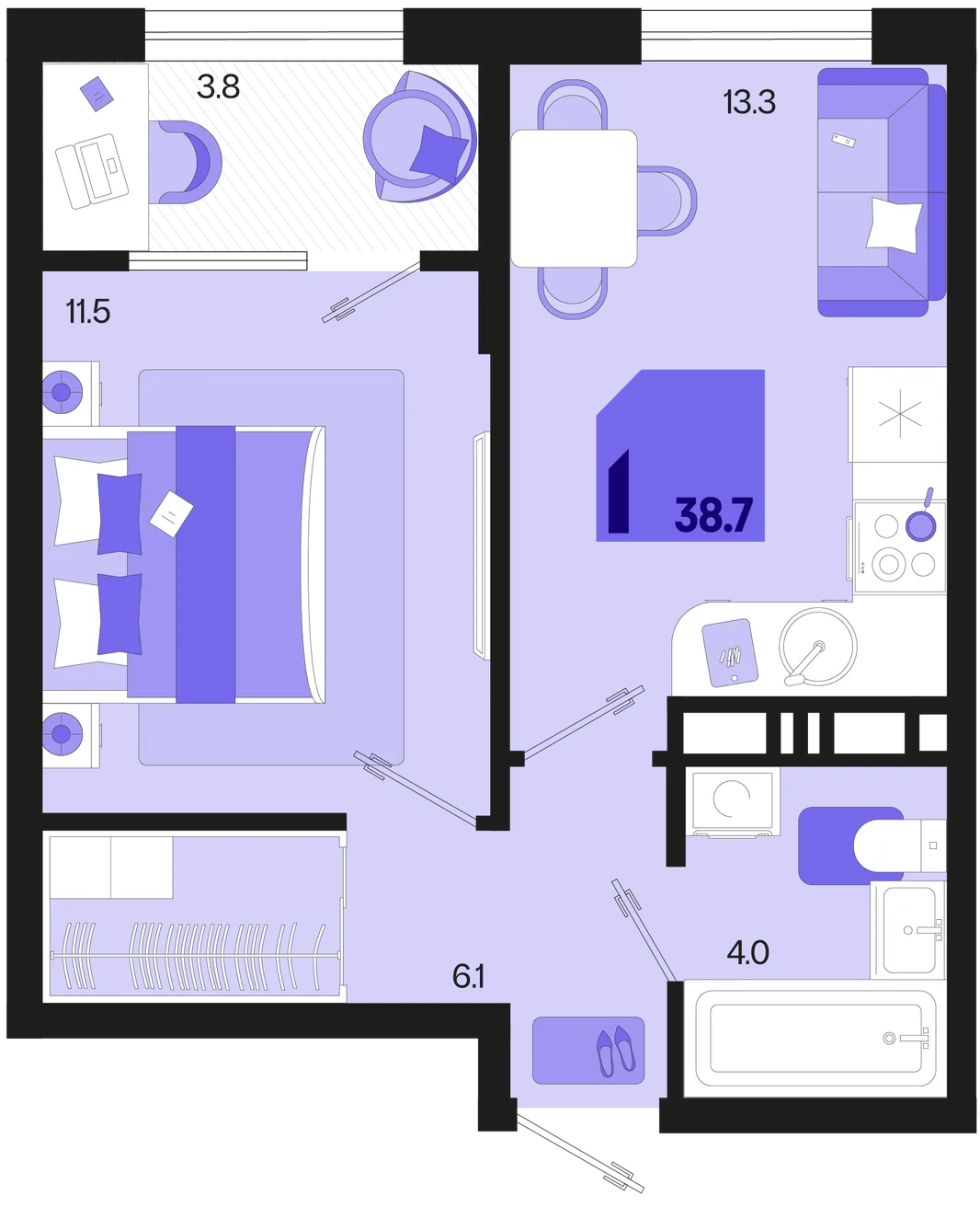 Планировка 1-комн. квартира, 38.7 м² ЖК «Первое место»