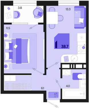 Планировка 1-комн. квартира, 38.7 м² ЖК «Первое место»