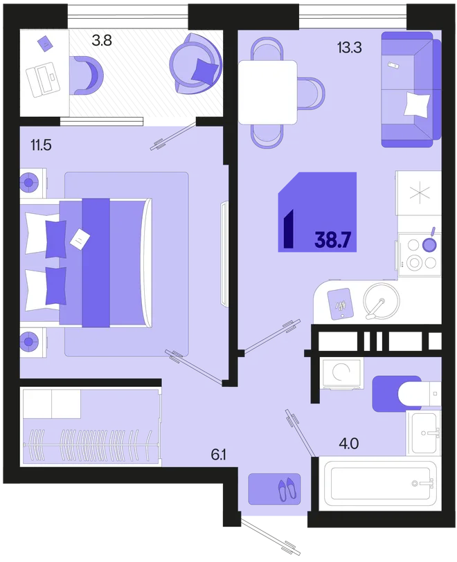 Планировка 1-комн. квартира, 38.7 м² ЖК «Первое место» Планировка 1-комн. квартира, 38.7 м² ЖК «Первое место»