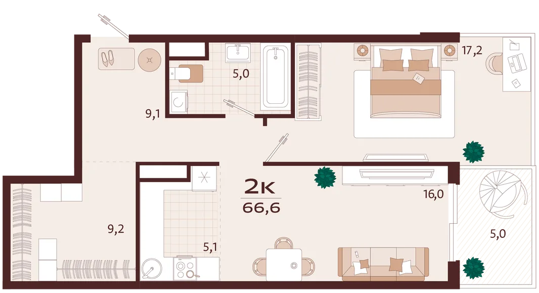 Планировка 2-комн. квартира, 66.6 м² ЖК «Роялта»