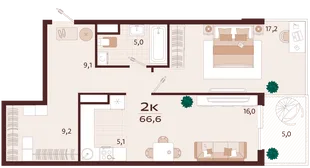 Планировка 2-комн. квартира, 66.6 м² ЖК «Роялта»