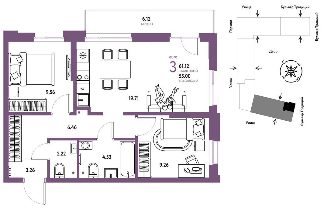 Планировка 3-комн. квартира, 61.12 м² ЖК «Микрорайон Домашний»