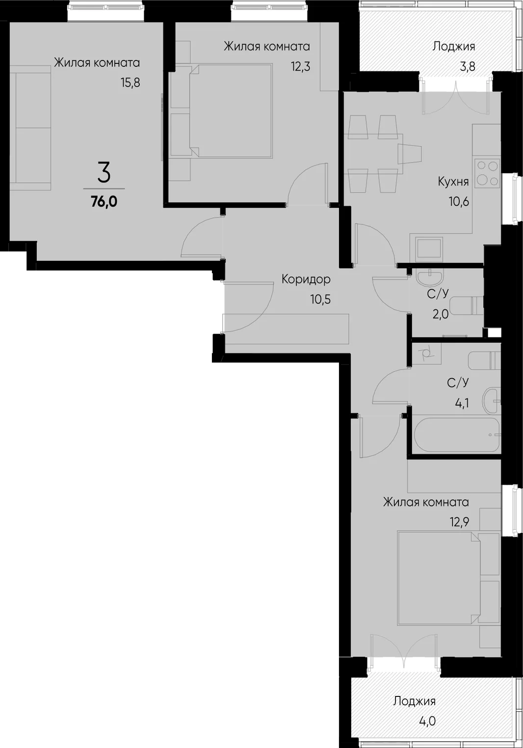 Планировка 3-комн. квартира, 76 м² ЖК «Васильевский остров»