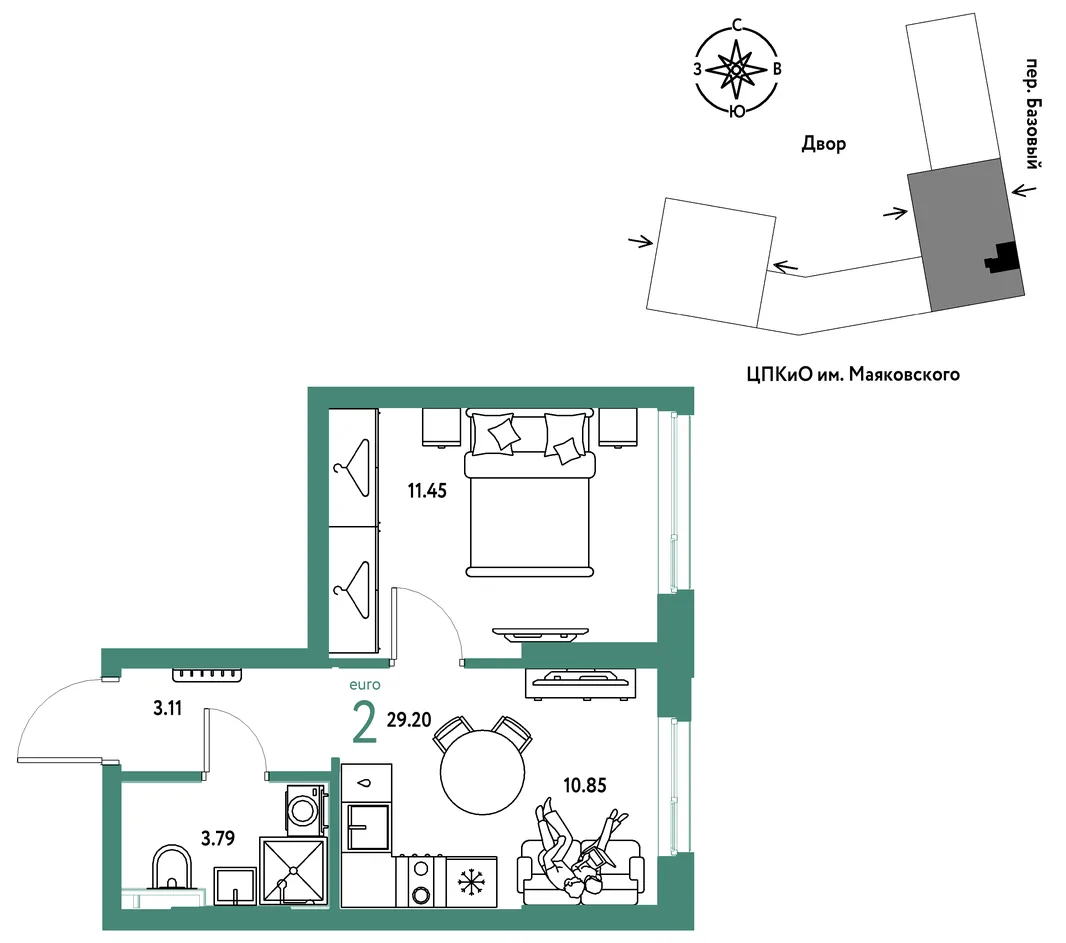 Планировка 2-комн. квартира, 29.2 м² ЖК «Сибирский сад»