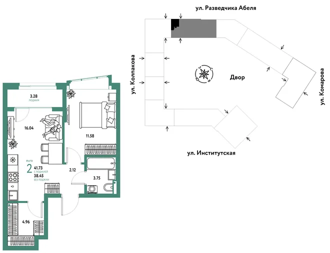 Планировка 2-комн. квартира, 41.73 м² ЖК «Страна.Парковая» Планировка 2-комн. квартира, 41.73 м² ЖК «Страна.Парковая»