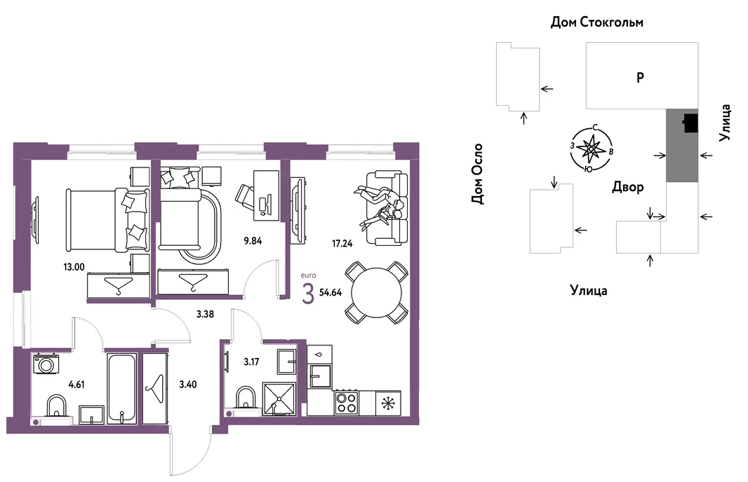 Планировка 3-комн. квартира, 54.64 м² ЖК «Европейский берег 2.0»