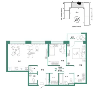 Планировка 3-комн. квартира, 70.02 м² ЖК «Микрорайон Домашний»