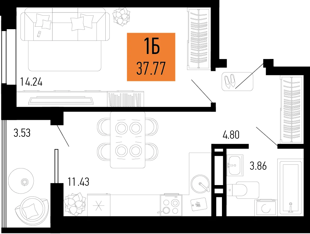 Планировка 1-комн. квартира, 37.77 м² ЖК «Столицыно»