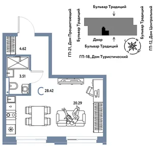 Планировка Студия, 28.42 м² ЖК «Микрорайон Домашний»