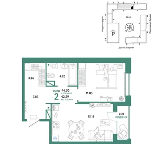 Планировка 2-комн. квартира, 44.5 м² ЖК «Юнион»