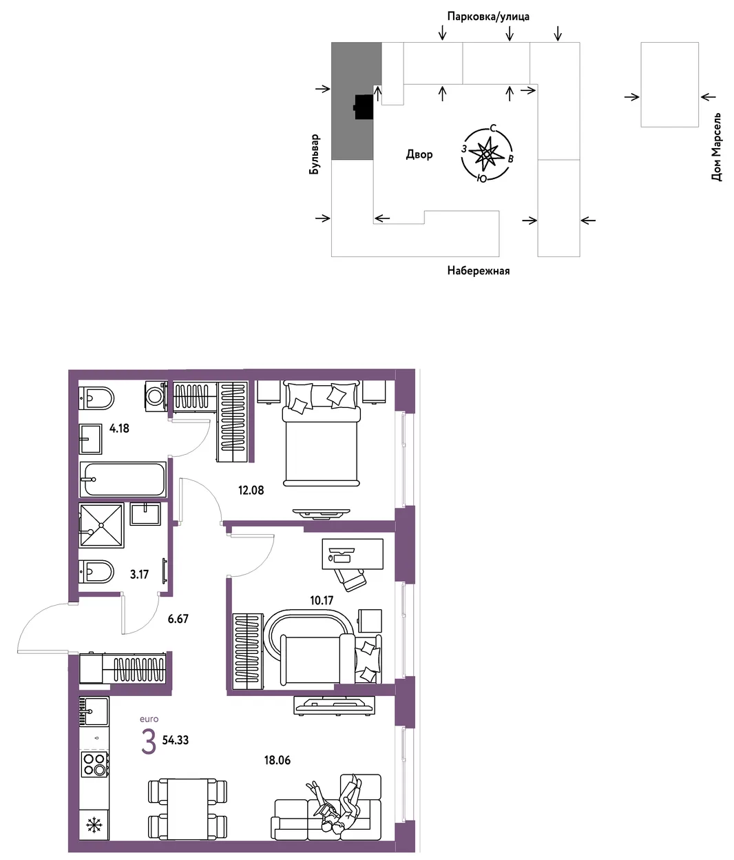 Планировка 3-комн. квартира, 54.33 м² ЖК «Европейский берег 2.0»