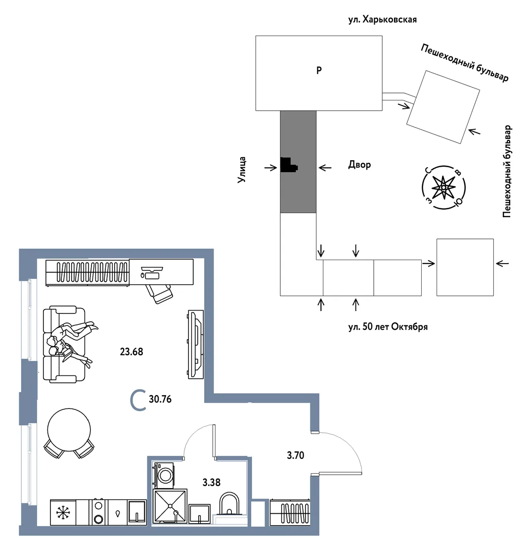 Планировка Студия, 30.76 м² ЖК «Сердце Сибири»
