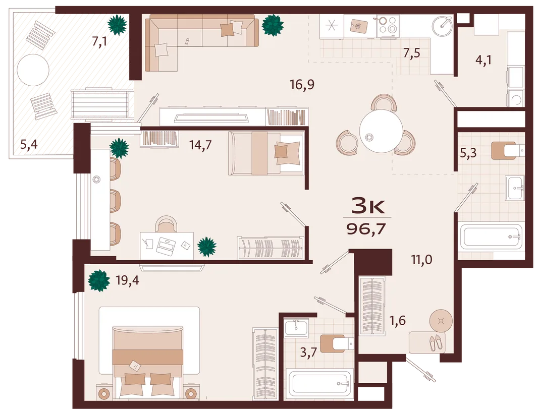Планировка 3-комн. квартира, 96.7 м² ЖК «Роялта»