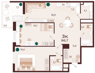 Планировка 3-комн. квартира, 96.7 м² ЖК «Роялта»