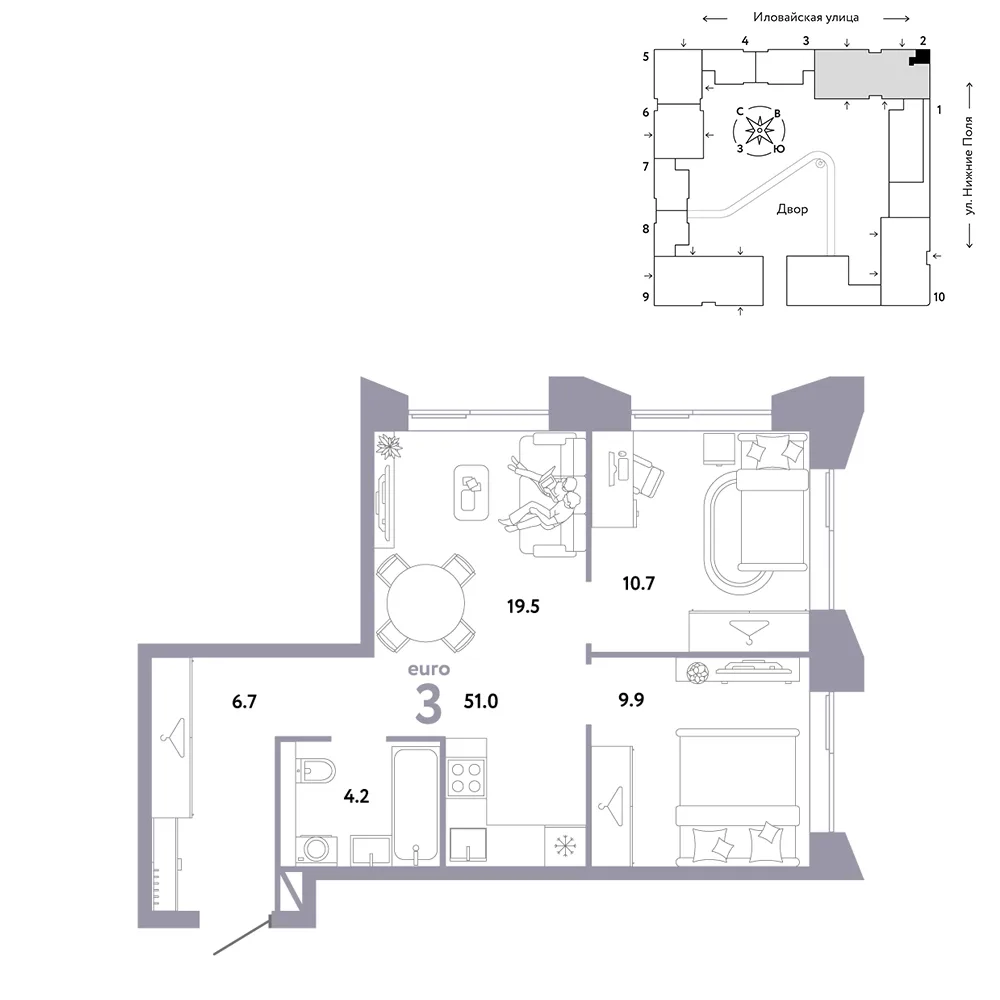 Планировка 3-комн. квартира, 51 м² ЖК «Страна.Заречная»