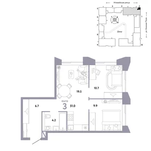 Планировка 3-комн. квартира, 51 м² ЖК «Страна.Заречная»