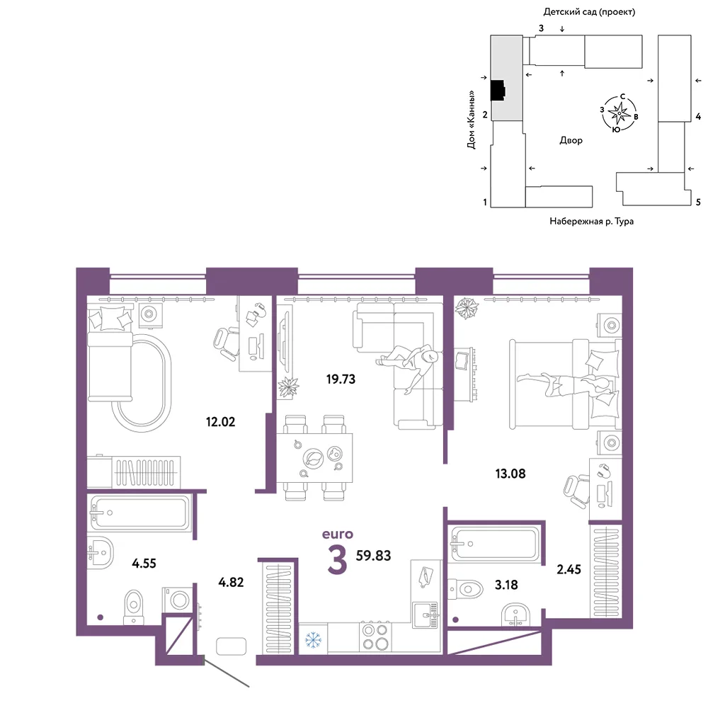 Планировка 3-комн. квартира, 59.83 м² ЖК «Европейский берег 2.0»