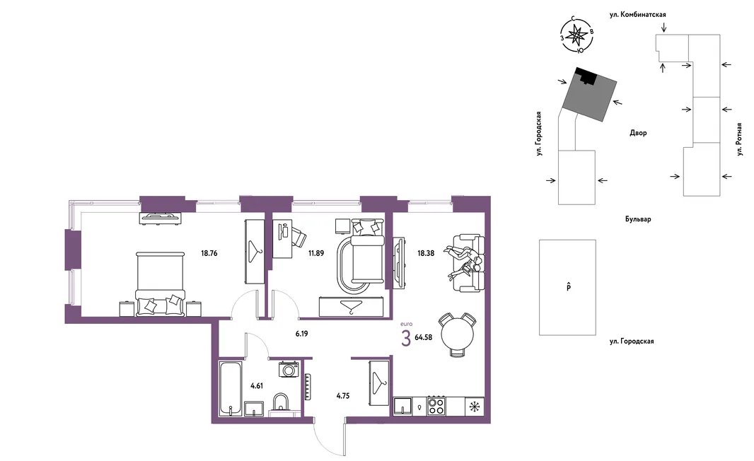 Планировка 3-комн. квартира, 64.58 м² ЖК «Уральский сад»