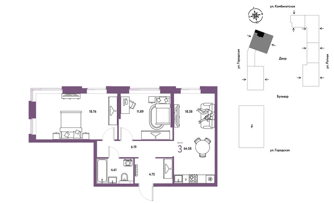 Планировка 3-комн. квартира, 64.58 м² ЖК «Уральский сад» Планировка 3-комн. квартира, 64.58 м² ЖК «Уральский сад»