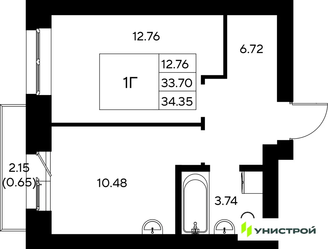 Планировка 1-комн. квартира, 34.35 м² ЖК «Царёво City»