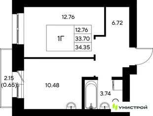 Планировка 1-комн. квартира, 34.35 м² ЖК «Царёво City»