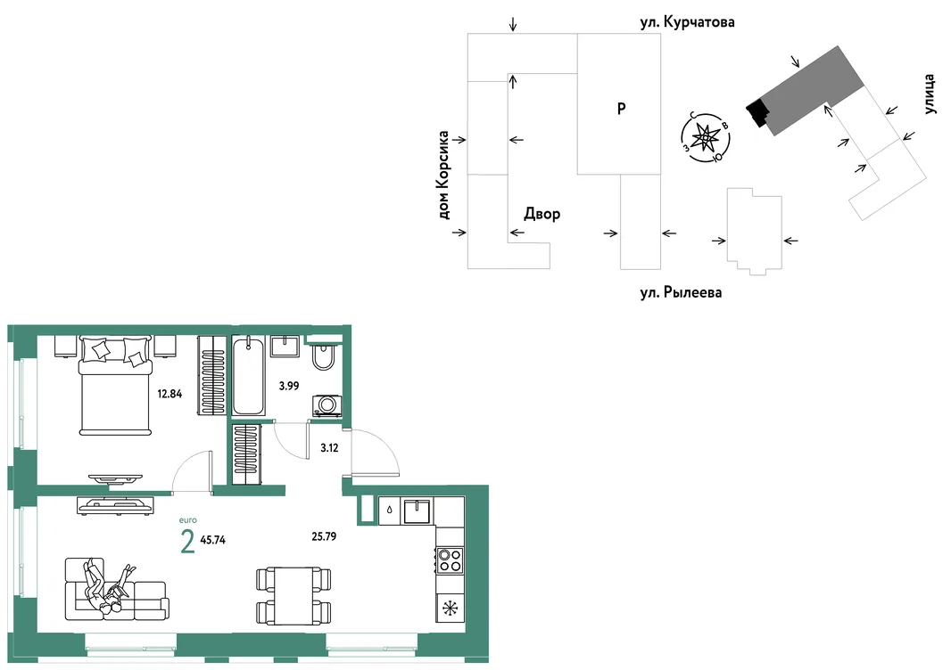 Планировка 2-комн. квартира, 45.91 м² ЖК «Остров-сад»