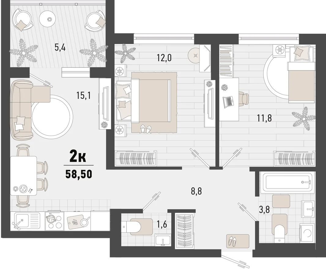 Планировка 2-комн. квартира, 58.5 м² ЖК «Барса»