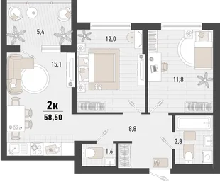 Планировка 2-комн. квартира, 58.5 м² ЖК «Барса»