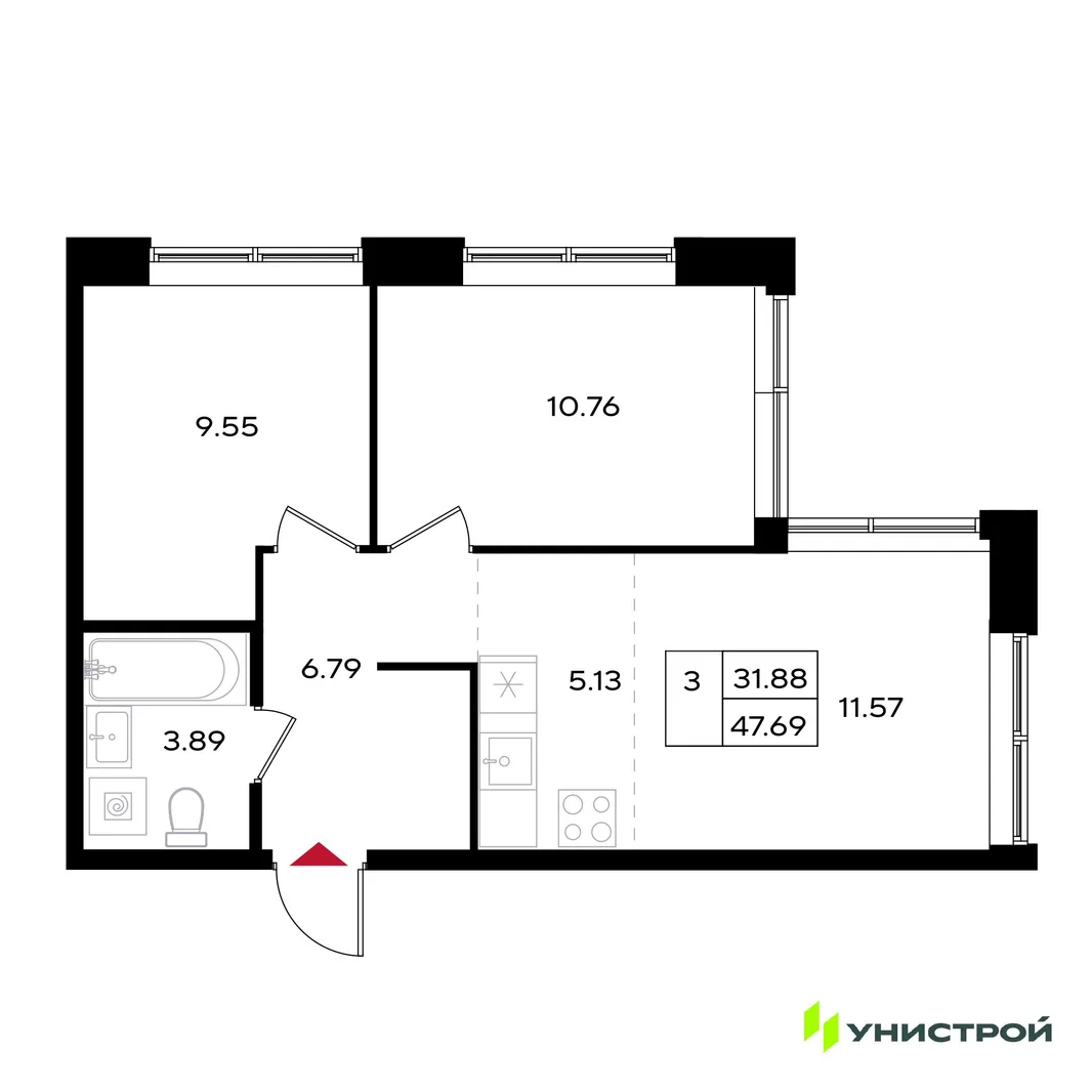 Планировка 3-комн. квартира, 47.69 м² ЖК «Уникум на Энгельса»