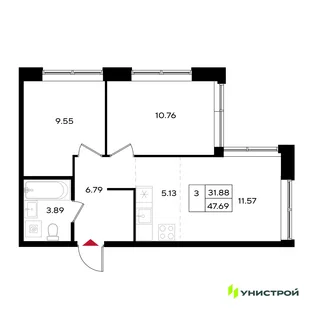 Планировка 3-комн. квартира, 47.69 м² ЖК «Уникум на Энгельса»