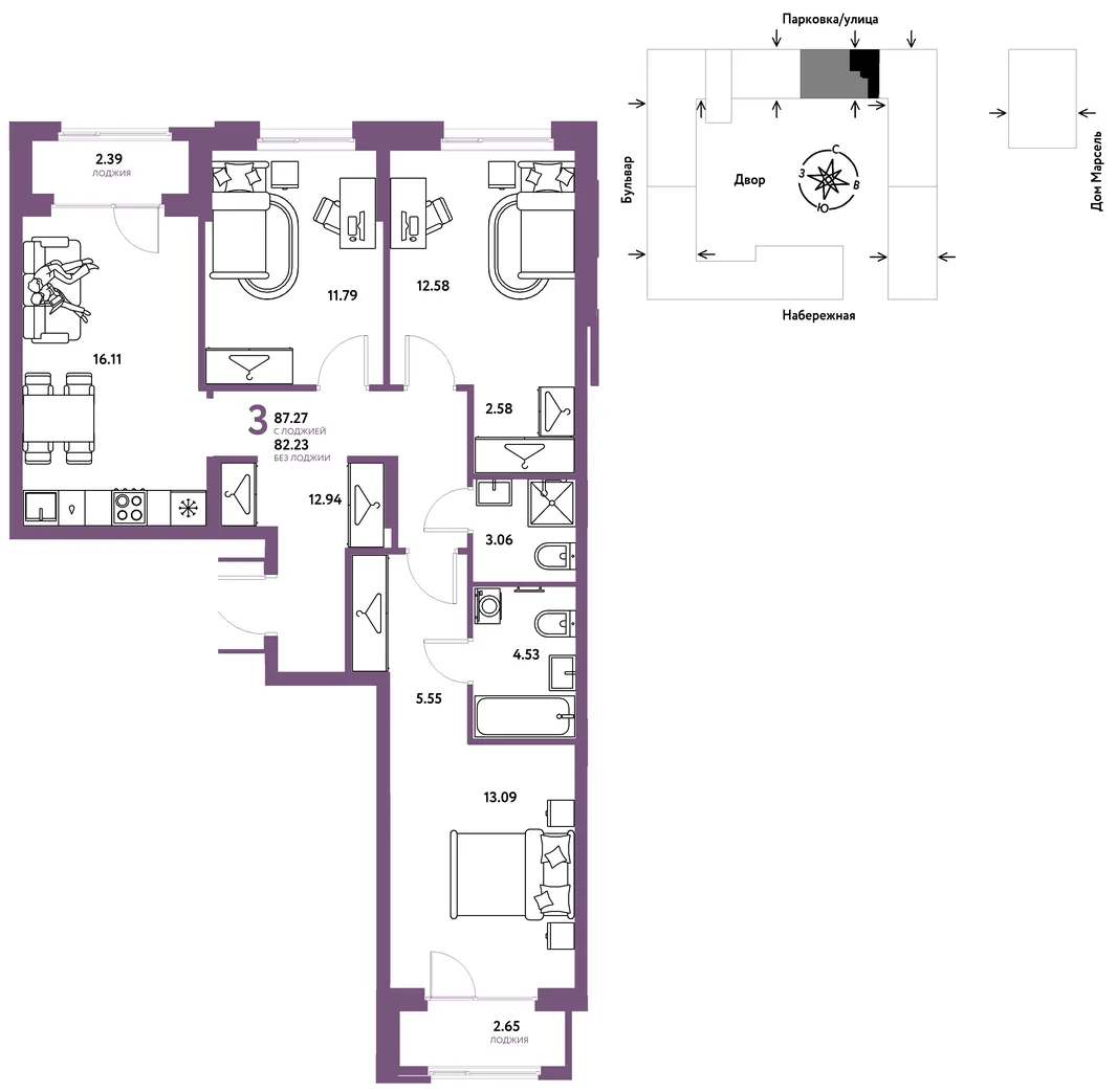 Планировка 3-комн. квартира, 87.27 м² ЖК «Европейский берег 2.0»