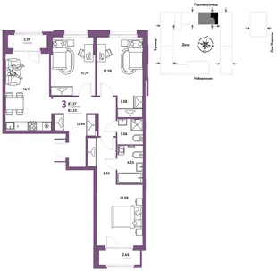 Планировка 3-комн. квартира, 87.27 м² ЖК «Европейский берег 2.0»