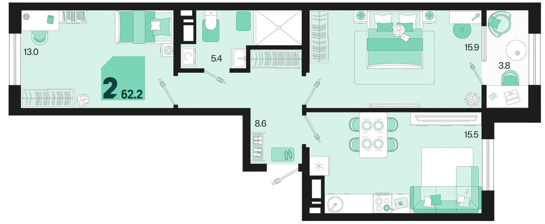 Планировка 2-комн. квартира, 62.2 м² ЖК «Первое место»